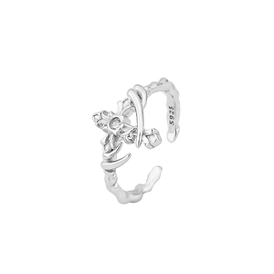 Gothic S925 sterling silver open ring with cross and micro-set zircon on white base