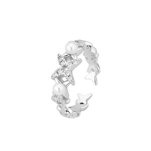 S925 sterling silver open star ring with white pearls and sparkling pave diamonds