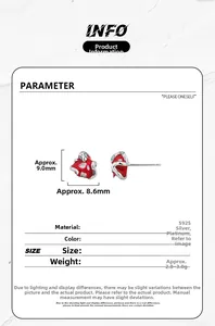 Detailed view of red enamel mushroom earrings in 925 silver with 9.0mm by 8.6mm dimensions