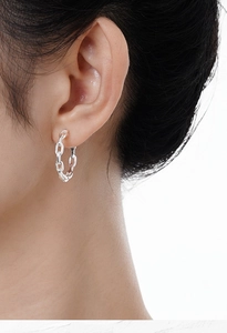 Close-up of minimalist S925 sterling silver chain hoop earrings worn by a model