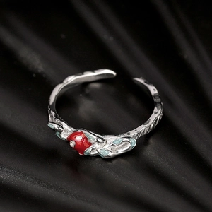 Vintage S925 sterling silver open ring with red rose flower and green leaves on black background