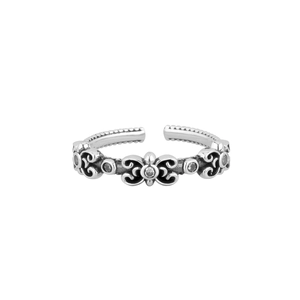Vintage S925 sterling silver open ring with baroque floral patterns and zircon stones
