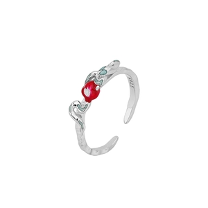 S925 Sterling Silver Snake Ring featuring a red enamel bead and vine details
