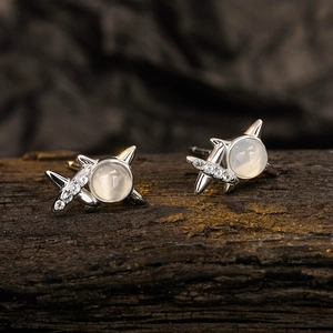 S925 Sterling Silver Star Stud Earrings For Women Minimalist Rhinestone Inlaid White Agate Star Studs Elegant Jewelry Gift