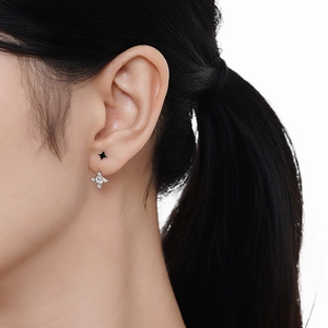 S925 sterling silver asymmetrical star stud earrings with black drip oil and sparkling zircons