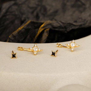 Elegant 18K gold plated S925 silver star stud earrings with black enamel and zircons