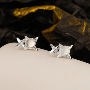 Minimalist S925 sterling silver star stud earrings with moonstone and diamonds