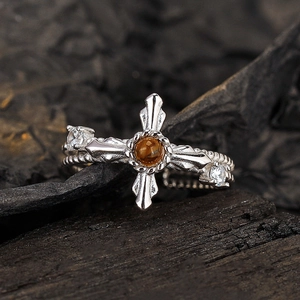 S925 sterling silver rope ring with tiger eye stone and cross design for women