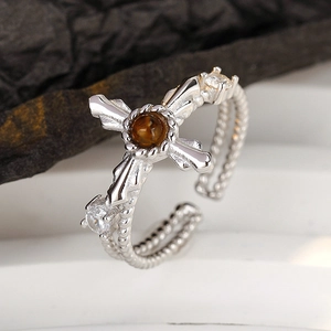 Retro S925 sterling silver cross open ring with tiger eye stone and zircon accents