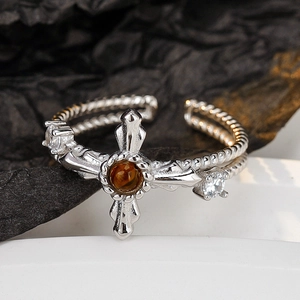 S925 Sterling Silver Cross Ring For Women Retro Tiger Eye Stone Rhinestone Inlaid Open Adjustable Finger Ring Fashion Jewelry