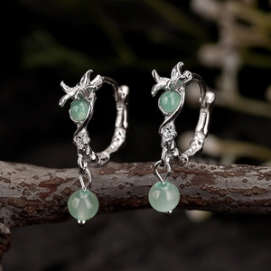 Retro S925 sterling silver flower hoop earrings with green aventurine on tree branch