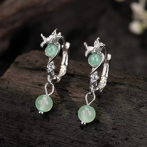 S925 sterling silver flower earrings with green aventurine beads and tiny diamonds