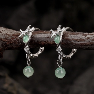Chinese Style S925 Sterling Silver Irregular Flower Hoop Earrings For Women Retro Green Aventurine Gemstone Ear Buckle Jewelry