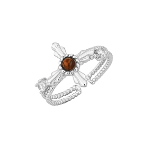 S925 sterling silver twist ring featuring a cross design with tiger eye center stone