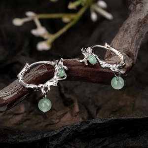 S925 sterling silver flower branch hoop earrings with green aventurine stones