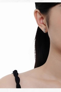Close-up of S925 sterling silver geometric hoop earrings with double-row zircon stones