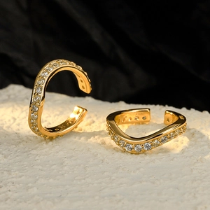 Elegant gold wavy S925 silver ear cuffs with micro-pave cubic zirconia crystals