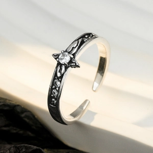Vintage S925 sterling silver open ring with star cross and sparkling zircon stones