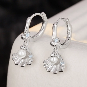 S925 Sterling Silver Shell Artificial Pearl Drop Earrings For Women Dainty Zircon Ocean Style White Gold Plated Small Hoop Jewelry