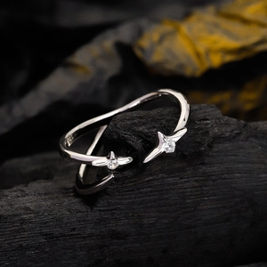 Minimalist S925 sterling silver open ring with wavy band and sparkling zircon stars