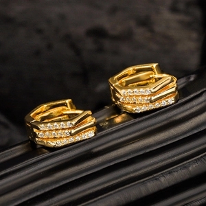 Three-layer geometric 18K gold S925 silver hoop earrings with sparkling zircon pave