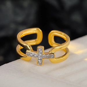 Bague Croix en Argent Sterling 925 Minimaliste pour Femmes Bicolore Ajustable Ouverte Creuse Géométrique Strass Bijoux de Mode Cadeau