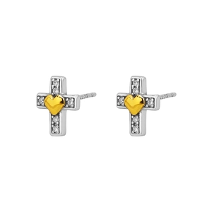 Boucles d'oreilles croix en argent S925 avec un cœur doré scintillant pour femme
