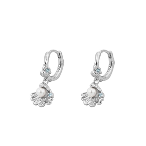 S925 sterling silver shell drop earrings with white pearl and blue zircon stones
