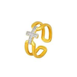 Bague double anneau minimaliste en argent S925 avec une croix pavée de CZ finition or