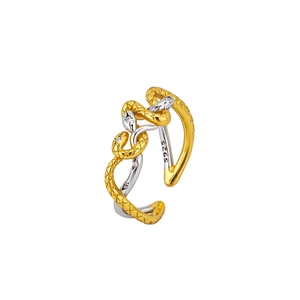S925 sterling silver snake ring with two-tone gold and silver finish and zircon stones