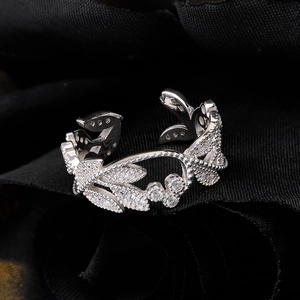 925 Sterling Silver Leaf Open Ring For Women Hollow Design Rhinestone Inlaid Adjustable Finger Jewelry Chinese Vintage Gift