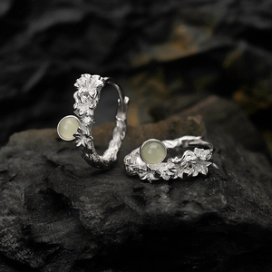 S925 Sterling Silver Flower Hoop Earrings For Women New Chinese Style Vintage Textured Green Artificial Pearl Rhinestone Jewelry