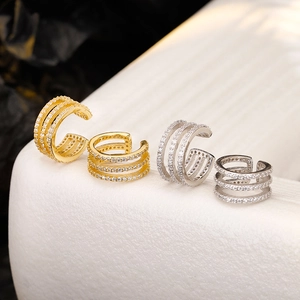 Three-layer geometric gold and silver ear cuffs with micro-pave cubic zirconia crystals
