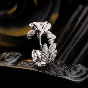 Elegant S925 sterling silver hollow leaf open ring with sparkling cubic zirconia accents