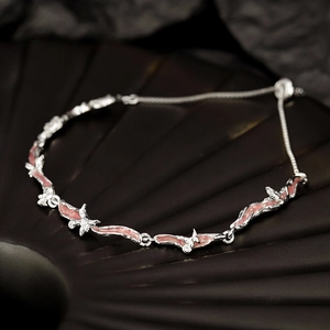 Adjustable S925 silver irregular butterfly link bracelet with pink enamel and zircons