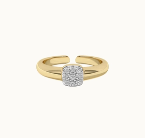 Detailed macro view of gold-plated square cluster ring with micro-pave white cubic zirconia