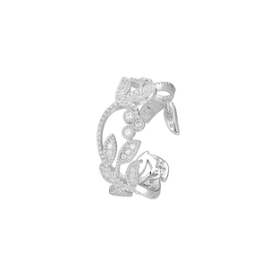 Retro S925 sterling silver hollow leaf open ring with micro-pave white zircon crystals