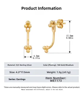 Detailed view of S925 sterling silver curved stud earrings with triple bead clusters