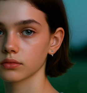 Detailed close-up of a model wearing S925 silver triple ball stud earrings outdoors