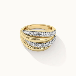 Close-up of a multi-layer gold S925 silver ring featuring sparkling zircon pavé details