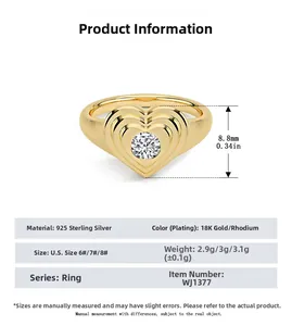 Detailed spec sheet showing S925 sterling silver heart ring dimensions and gold plating info