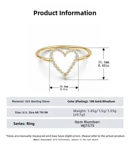 Detailed size chart showing 11.1mm heart dimensions and 925 sterling silver specs