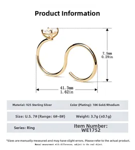 Detailed view of S-shaped 925 silver ring with dimensions and square stone setting