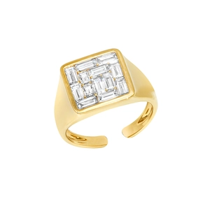 Detail of adjustable gold ring featuring a square face set with rectangular cubic zirconia