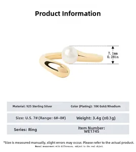 Detail showing 925 sterling silver ring with 7.1mm pearl and size specifications