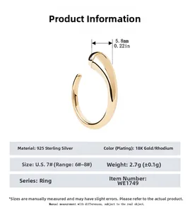 Detailed view of the 18K gold plated S925 sterling silver wave ring with size specifications