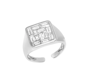 Detail view of S925 sterling silver ring with channel-set baguette cubic zirconia stones