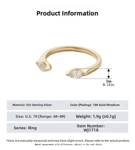 Detail view of adjustable S925 sterling silver ring with marquise-cut zircon stones