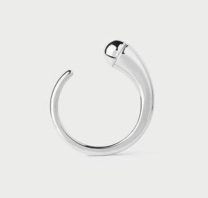 Macro detail of minimalist S925 sterling silver open ring with teardrop drip design