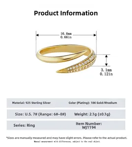 Technical specification chart for S925 sterling silver snake tail ring with 18K gold plating